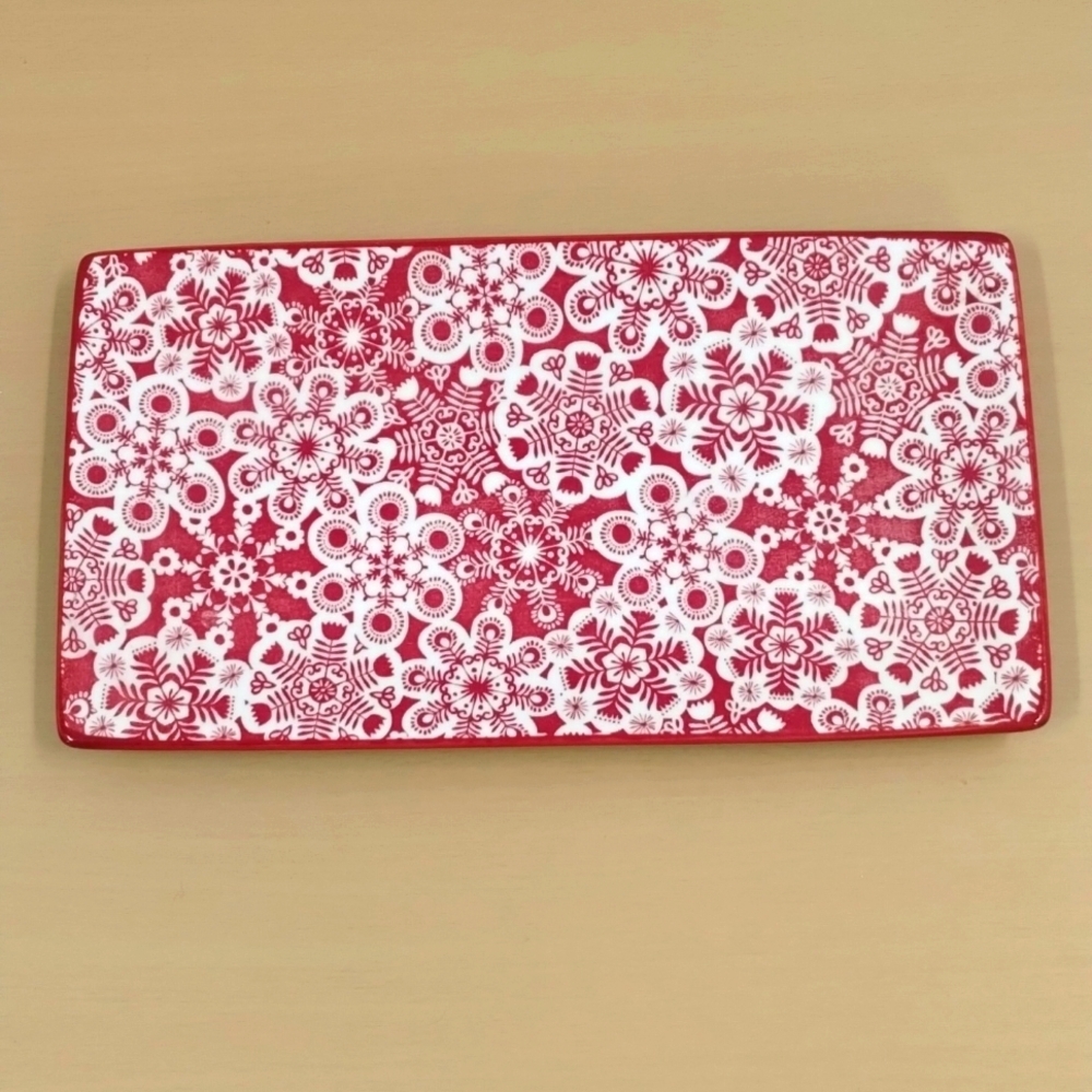Hallmark snowflake rectangle holiday platter red white 10 x 5 ceramic